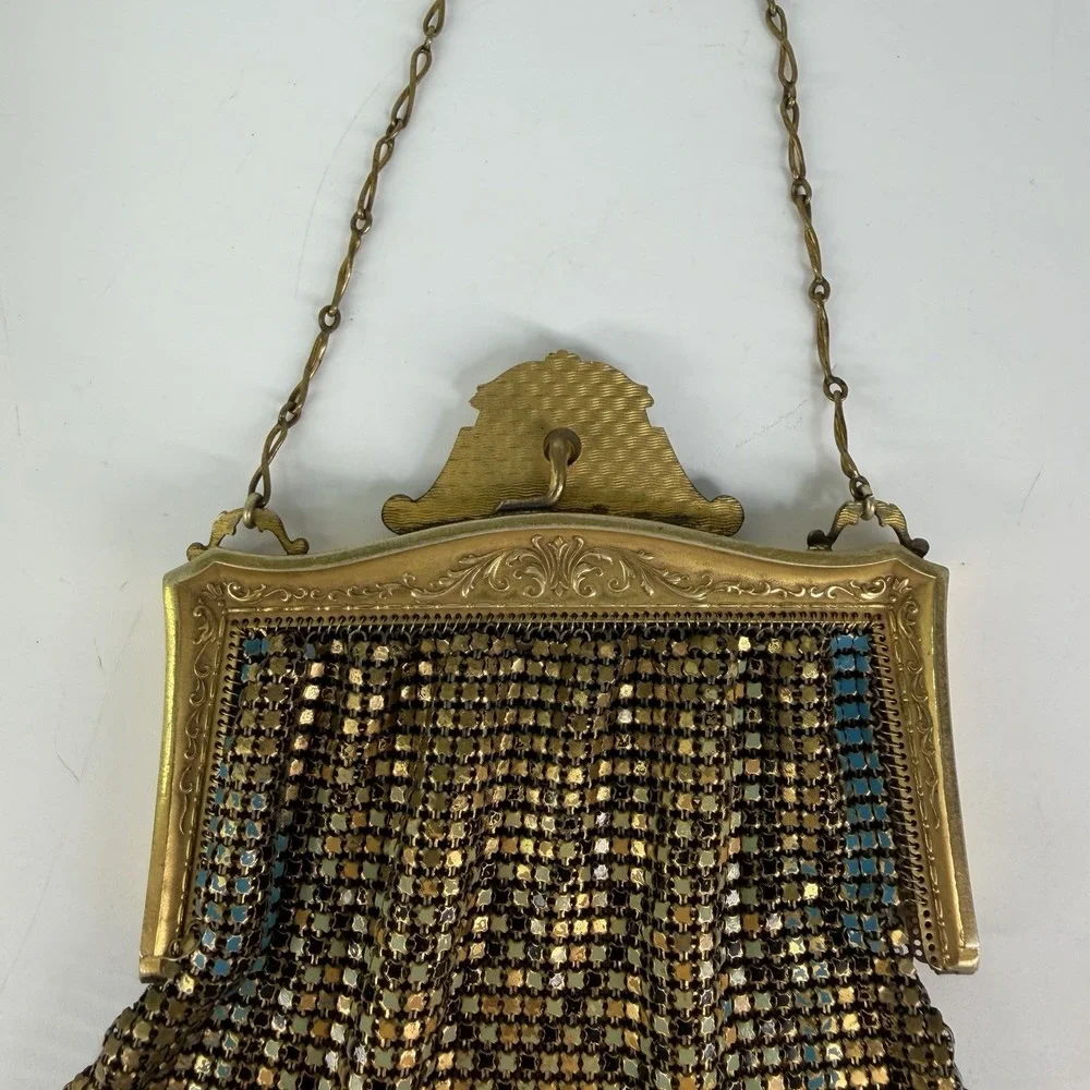 Antique 1920's Whiting & Davis Art Deco Metal Mesh Bag Purse USA Flapper Floral